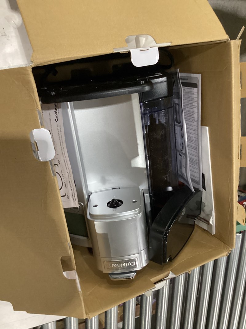 Condition photo showing As Is for cuisinart coffee maker, single serve 72-ounce reservoir pod coffee machine, programmable brewing & hot water dispenser, 3 cup-size settings, stainless steel, ss-10p1, silver