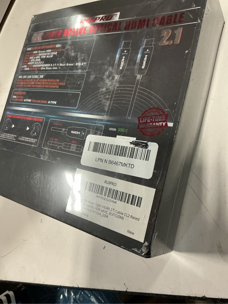 Condition photo showing New/Like New for 8k hdmi fiber optic cable cl2 rated 65 feet 48gbps 8k60hz 4k120hz dynamic hdr earc hdcp2.2/2.3 for rtx4080/4090/3080/3090, xbox s/x, ps5/4, avr, projector, lg/samsung/sony tv c-8k fiber gen3/c cl2 rated 65ft