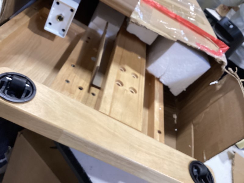 Condition photo showing As Is for muwuele solid wood overbed bedside table with wheels, adjustable medical tilt top hospital bed table over the bed, rolling laptop desk, mobile standing desk for hospital and home use (natural)