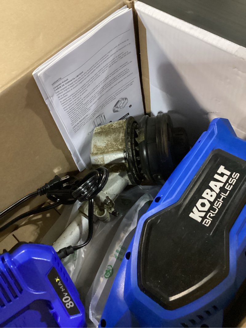 Condition photo showing As Is for kobalt 80-volt cordless battery string trimmer and leaf blower combo kit 2.5 ah (battery & charger included)