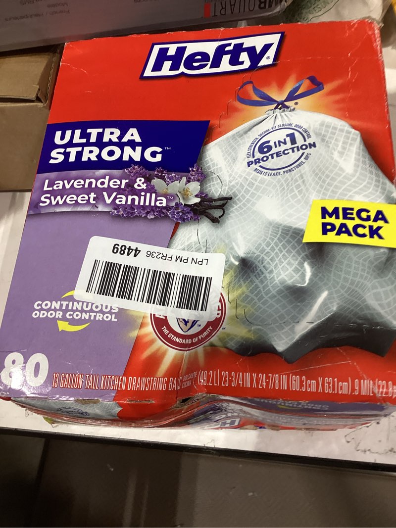 Condition photo showing New/Like New for hefty ultra strong tall kitchen trash bags, lavender & sweet vanilla scent, 13 gallon, 80 count 80 count (pack of 1) lavender & sweet vanilla