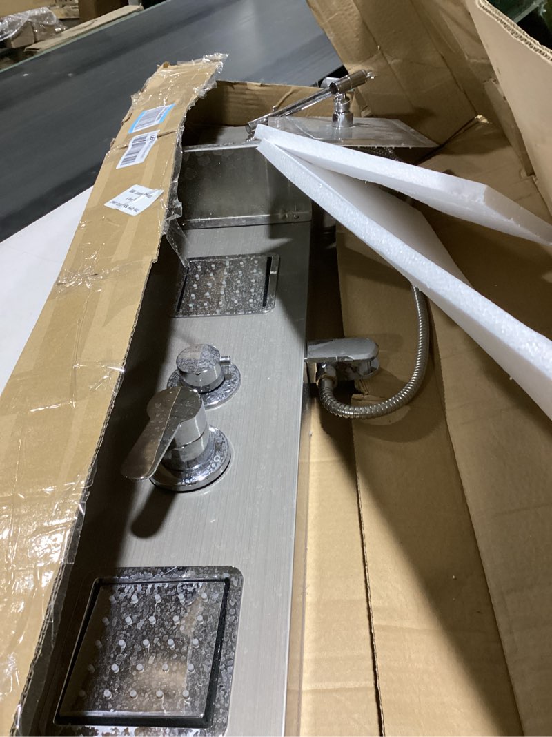 Condition photo showing As Is for Shower Panel System, Multi-Function Shower Tower With 4 Body Spray, 5 Handheld Settings, Shelf & Adjustable Height, Rainfall + Waterfall Shower Head, Rain Massage Spa System For Bathroom Minimalist Brushed