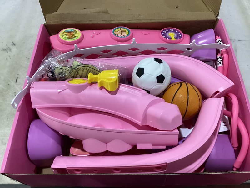 Condition photo showing As Is for liberry toddler basketball hoop & soccer goal for 1 2 3 year old girls boys, kids sports toy with lights sounds music, interactive christmas birthday gift for baby, pink