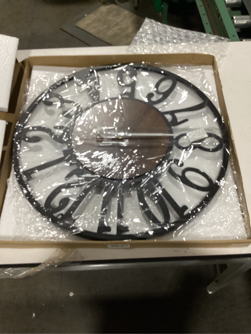 Condition photo showing Good Condition for Maxstar Large Round Wall Clock for Living Room Decor Battery Operated Non Ticking Black Metal Wood Clocks for Home Living Room Garden Farmhouse Office Kitchen Decoration -24 inch Black-arabic Numerals 24 Inch