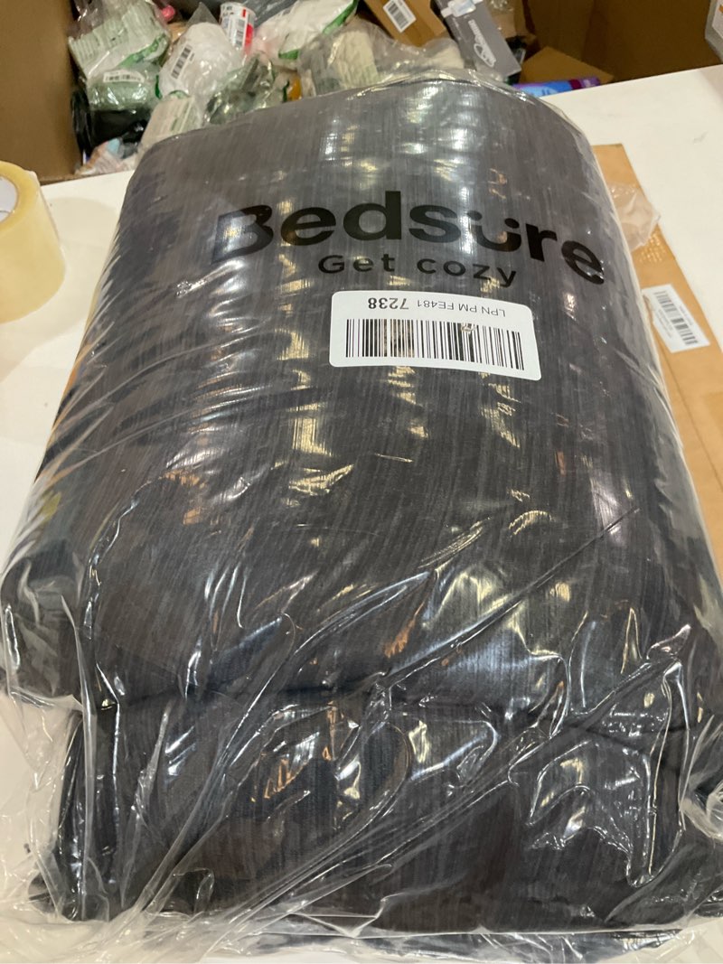 Condition photo showing As Is for bedsure oversized queen comforter set - black soft bedding for all seasons, cationic dyed bed set, 3 pieces, 1 oversized queen size comforter (98"x98") and 2 pillow shams (20"x26"+2") oversized queen(3-piece with sheet set) 03 - black