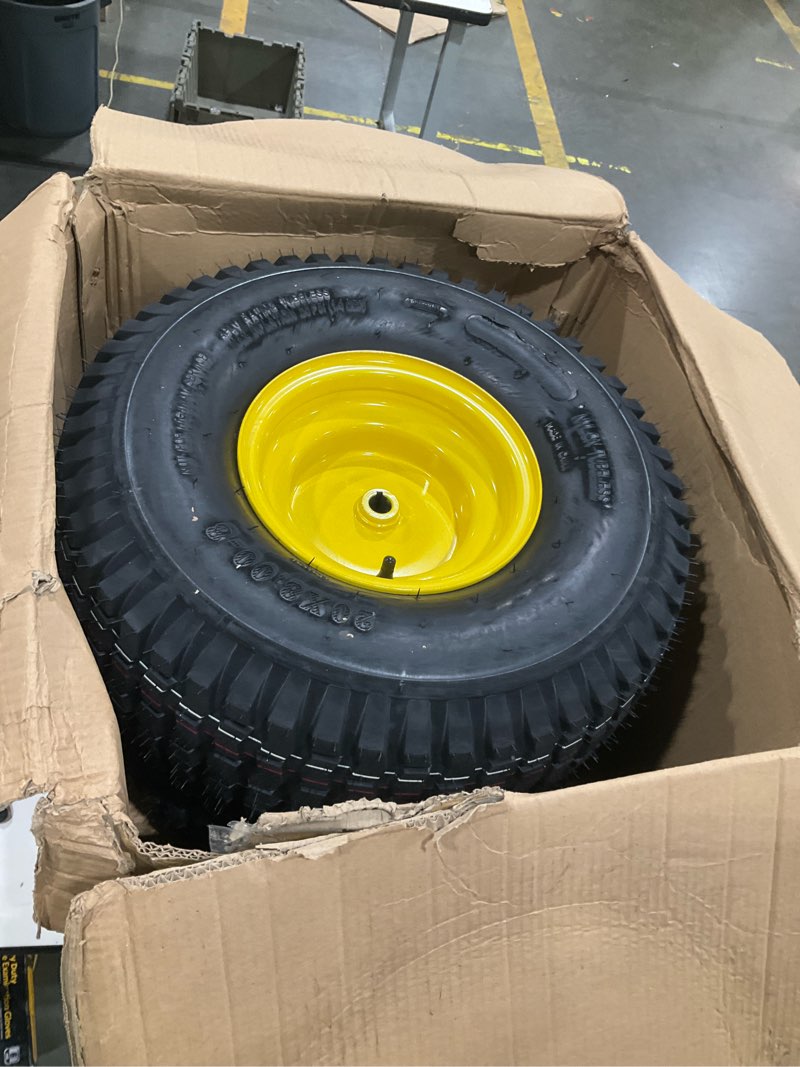 Condition photo showing Good Condition for (2-pack) 20x8.00-8 rear tire and wheel assemblies - 4 ply tubeless tire compatible replacement for riding lawn mowers - 3/4" borehole, 3.5" offset hub and 3/16" keyway 20 x 8.00-8" tubeless (offset hub) yellow