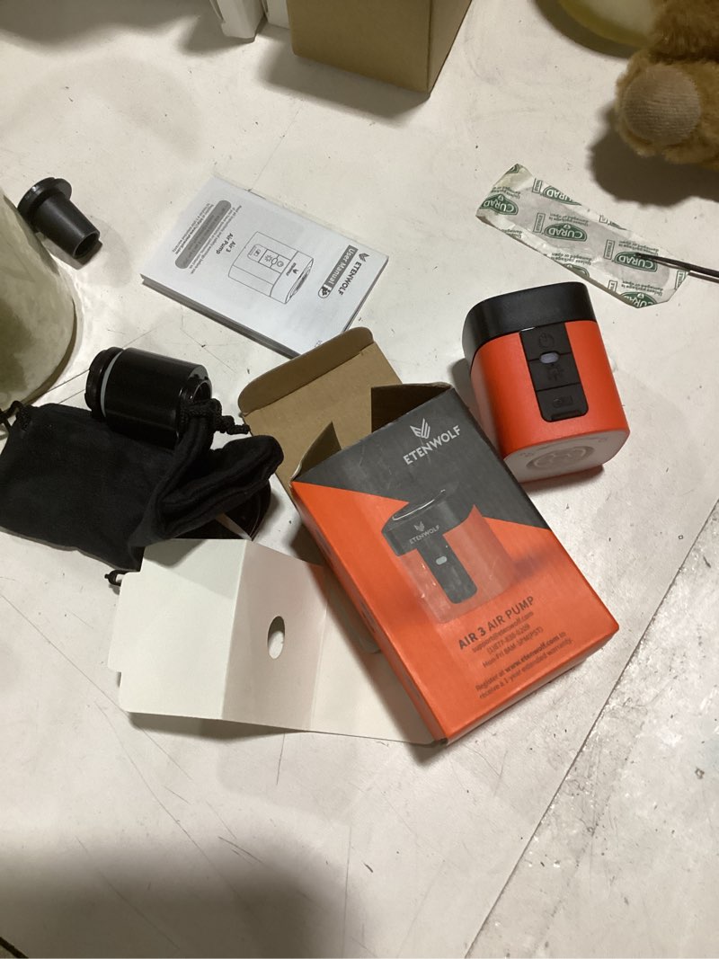 Condition photo showing New/Like New for etenwolf air 3 air pump for inflatables with 2600 mah battery & camping light, ultra-fast and mini electric air pump, inflate deflate for air mattress, pool floats, vacuum storage bags vivid orange