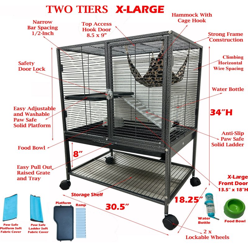 Mcage Extra Large 2-Story Deluxe Metal Ferret Small Animal Cage with Hammock, Water Bottle & Food Bowl