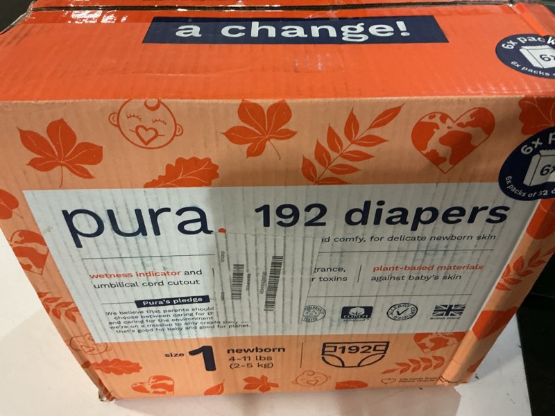Condition photo showing New/Like New for Pura Hypoallergenic Diapers, Size 1 (4-11 lbs), Monthly Pack, Totally Chlorine Free, Wetness Indicator, Suitable for Sensitive Skin, Soft Cotton Comfort, Overnight, 6 Packs of 32 (192 Baby Diapers) Size 1 192