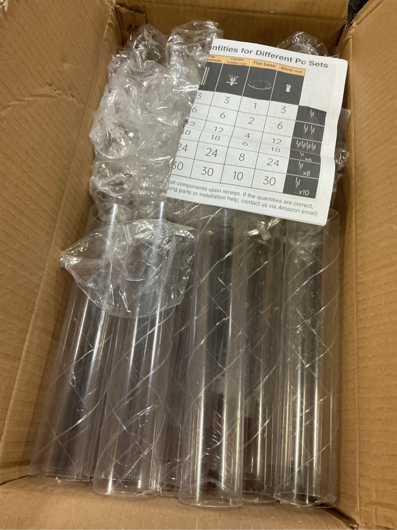 Condition photo showing Good Condition for 6 Set 3 Arms Acrylic Candelabra Centerpieces for Wedding Table Decorations,30.7" Clear Candlesticks Holder with Acrylic Shade for Valentine's Day Dinner Party Fireplace Decor Fit LED Candle