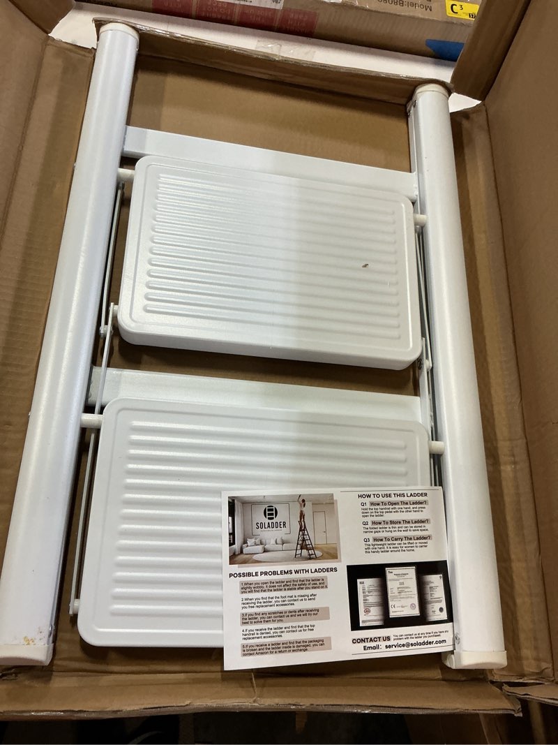 Condition photo showing Good Condition for soladder step stool, 2 step ladder with anti-slip and wide pedal, portable iron foldable stepladder for home and kitchen, 300lbs - white 2 step white