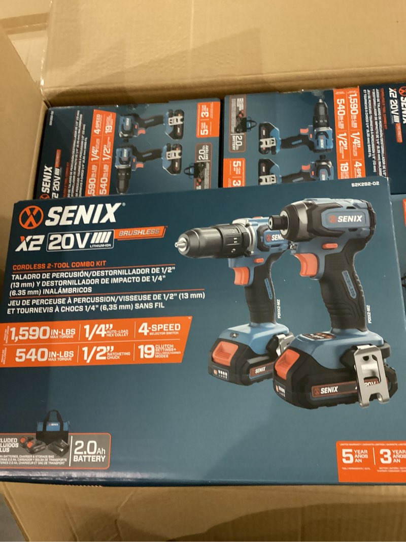 Condition photo showing New/Like New for senix x2 20-volt 2-tool brushless power tool combo kit with soft case (2-batteries included and charger included)