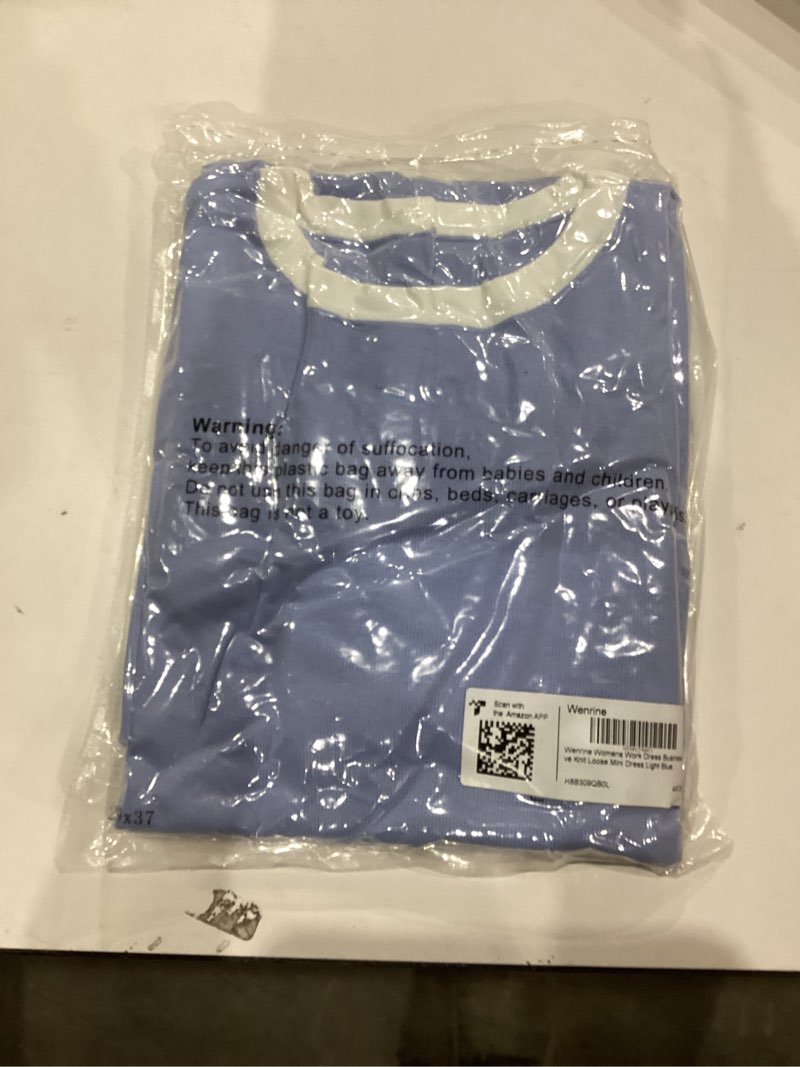 Condition photo showing As Is for Wenrine Womens Work Dress Business Casual Contrast Color Elegant Long Sleeve Knit Loose Mini Dress Light Blue Small