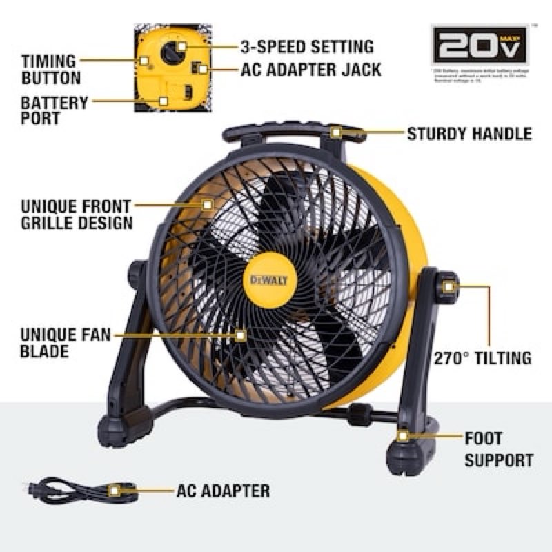 dewalt 18-in high velocity indoor/outdoor industrial fan, battery powered, in yellow