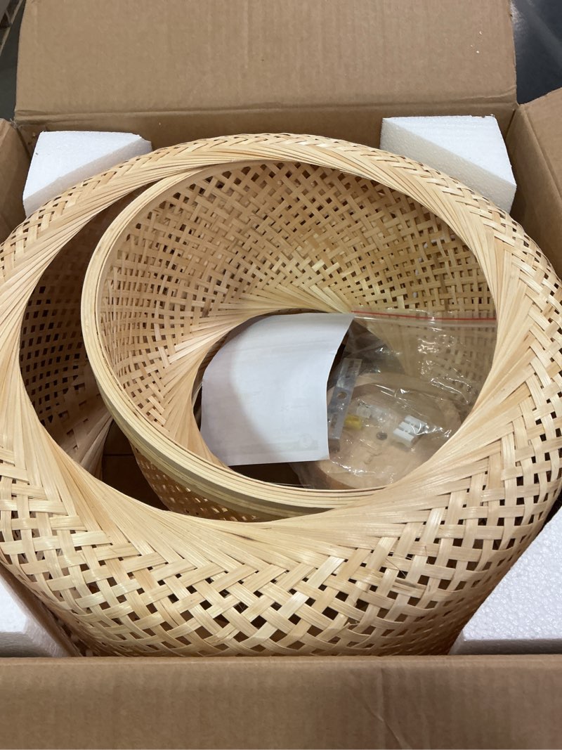Condition photo showing Good Condition for Hand-Woven Bamboo Pendant Light, Rattan Handwoven Pendant Lamp, Natural Chandeliers Domed Shape Woven Light 1 Light Hanging Light for Kitchen Farmhouse Beige (19.68 x 18.89inch)