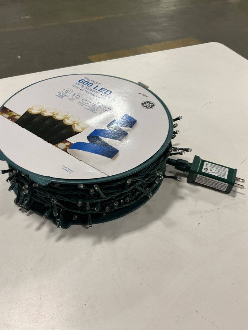 Condition photo showing As Is for GE StayBright 600 Count Warm White LED Microbright String Lights with Green Wire