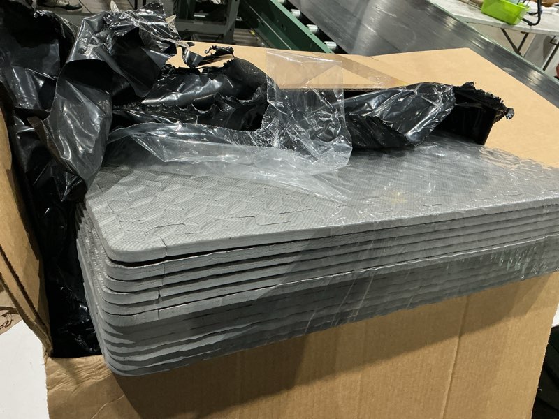Condition photo showing Good Condition for gwt interlocking eva foam floor tiles 24x24 inch 0.4 inch thick gym flooring for home gyms garages and basements, 12 pack covers 48 square feet, shock-absorbing easy snap-together install gray