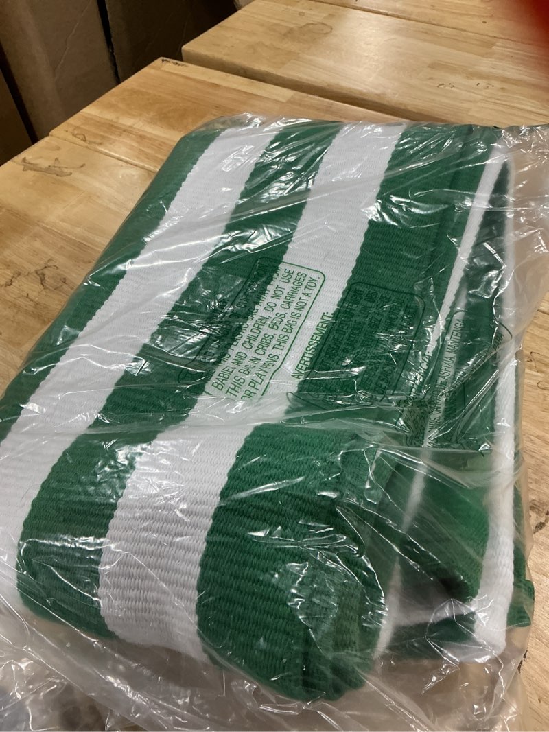 Condition photo showing New/Like New for green & white striped rug, indoor/outdoor area rug for front porch, entryway, machine washable cotton woven welcome door mat green & white stripe