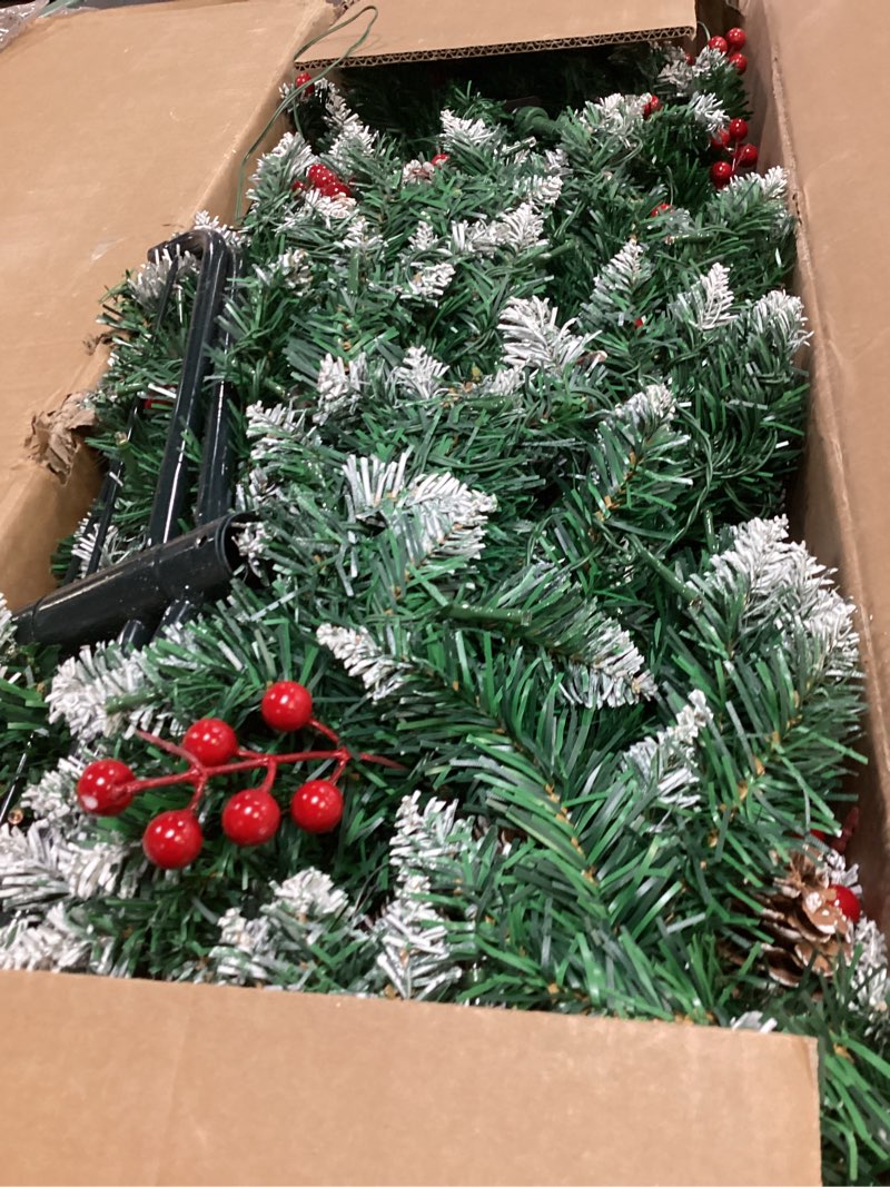 Condition photo showing As Is for 7ft frosted artificial christmas tree, realistic unlit christmas tree with pine cone, red berry