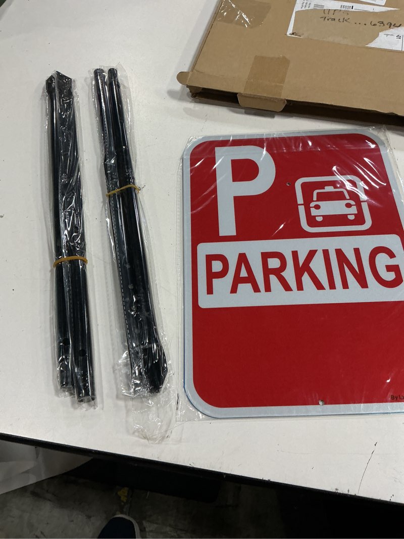 Condition photo showing New/Like New for 2 pack parking sign with directional arrows, with 36" long metal stakes, 14"x10" aluminum sign, for event outdoor yard lawn, adjustable arrow direction 2pack 36x10 with stake
