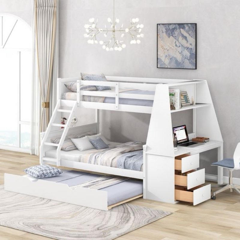 Twin over Full Bunk Bed with Trundle and Built-in Desk; Three Storage Drawers and Shelf (Incomplete, box 2/3 )