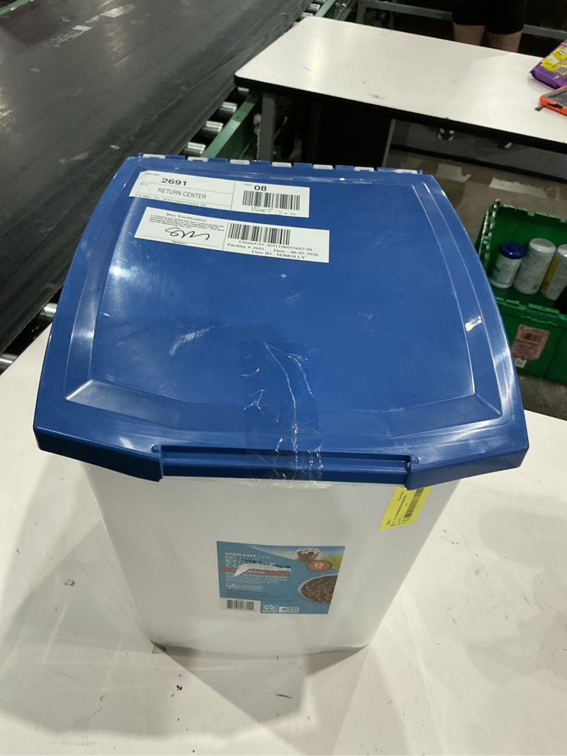 Condition photo showing As Is for vibrant life plastic pet food storage container with locking lid, 25 lb capacity