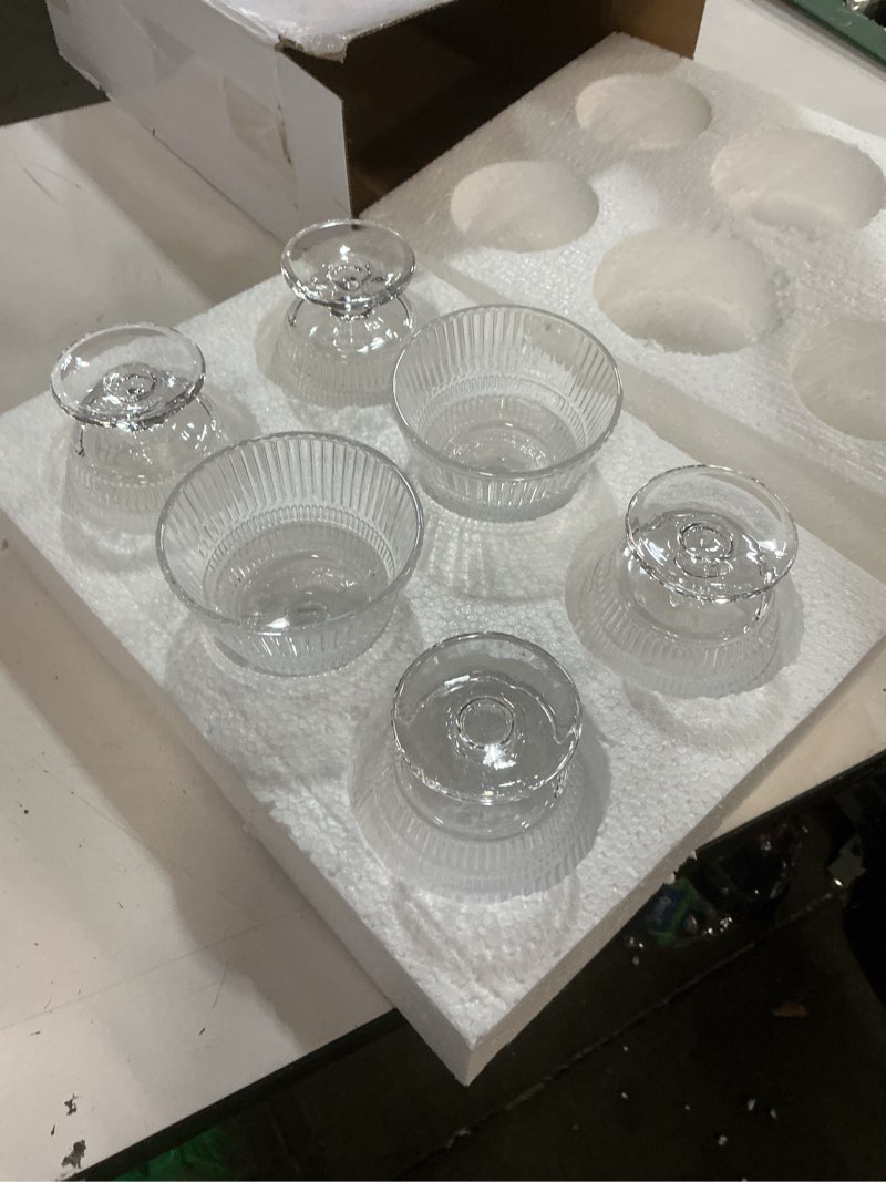 Condition photo showing New/Like New for 6 pack glass dessert bowls set, 10 oz vintage ice cream cups with pedestal, fluted sundae dishes pudding footed bowl for ice cream, dessert, parfait, candy, fruit