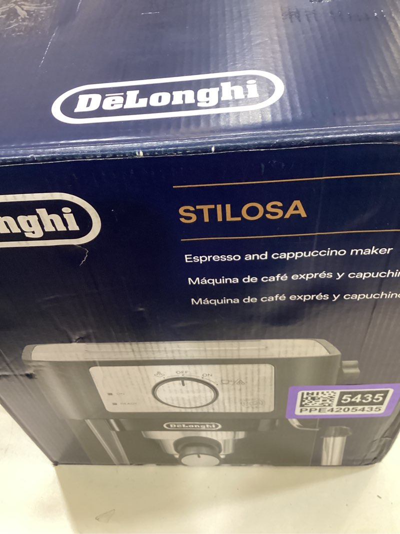 Condition photo showing As Is for de'longhi stilosa manual espresso machine, compact coffee maker, 15 bar pump pressure, manual milk frother steam wand for authentic single & double espresso, lattes & cappuccinos, tamper included stliosa espresso machine