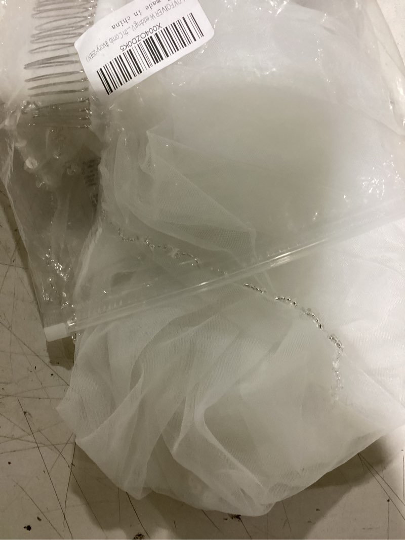 Condition photo showing As Is for wedding veil with pearls and crystals beaded edge bridal veil | 1 tier fingertip length soft tulle bridal veils with comb for women wedding party off-white-118in