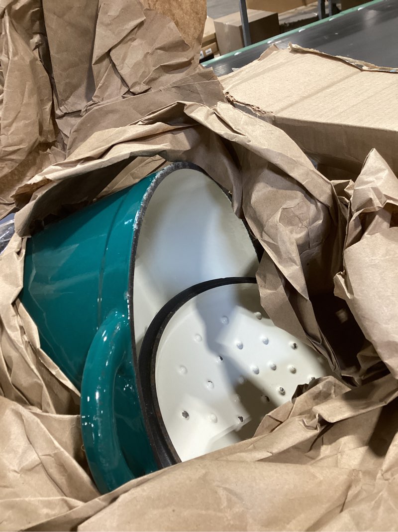 Condition photo showing As Is for Overmont Enameled Cast Iron Dutch Oven - 7QT Pot with Lid Cookbook & Cotton Potholders - Heavy-Duty Cookware for Braising, Stews, Roasting, Bread Baking bottle green 7 Quart Bottle green