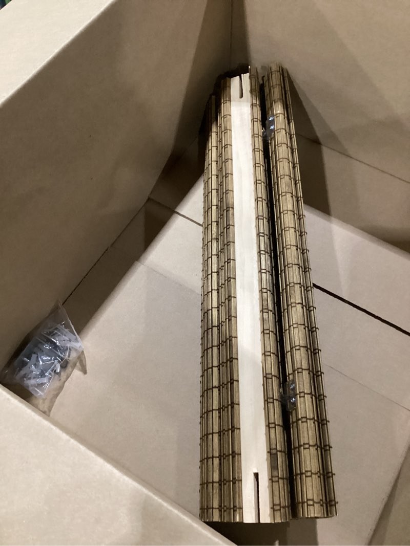 Condition photo showing As Is for cordless bamboo roman shades 20x48in, light filtering bamboo blinds for indoor windows, office, bathroom and living room, privacy teak.