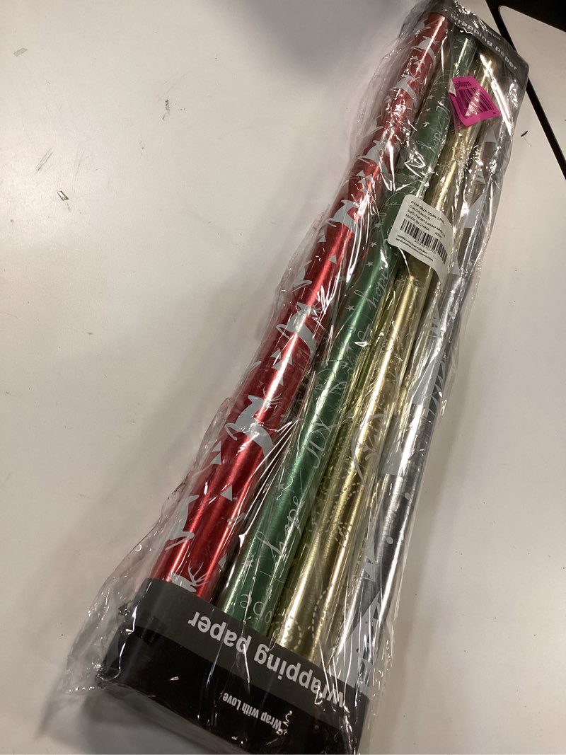 Condition photo showing New/Like New for WRAPAHOLIC 30 Inch Christmas Wrapping Paper Roll - Jumbo Roll Red Green Gold and Silver Snowflakes Trees Holiday Collection with Metallic Foil Shine - 4 Rolls - 30 Inch x 120 Inch Per Roll