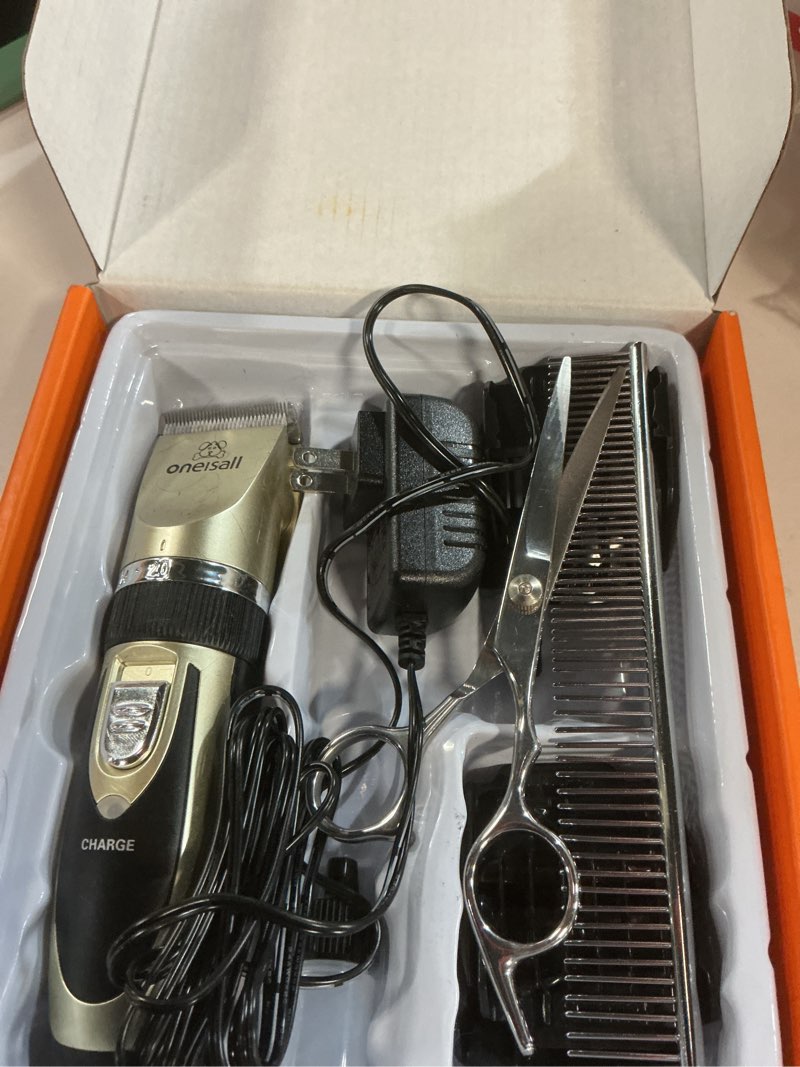Condition photo showing As Is for oneisall Dog Clipper Low Noise, Dog Grooming Kit with Rechargeable, Pet Shaver Cordless Electric Quiet Hair Clipper Set for Dogs Cats Pets?Gold?