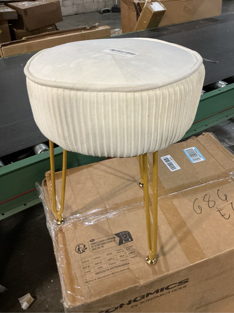 Condition photo showing As Is for IBUYKE Velvet Round Footrest Stool Ottoman, Makeup Vanity Stool Side Table, Velvet Dressing Table Seat, Pouf Couch Stool, Golden Steel Legs, Creamy-White LG-30M without storage Creamy-white