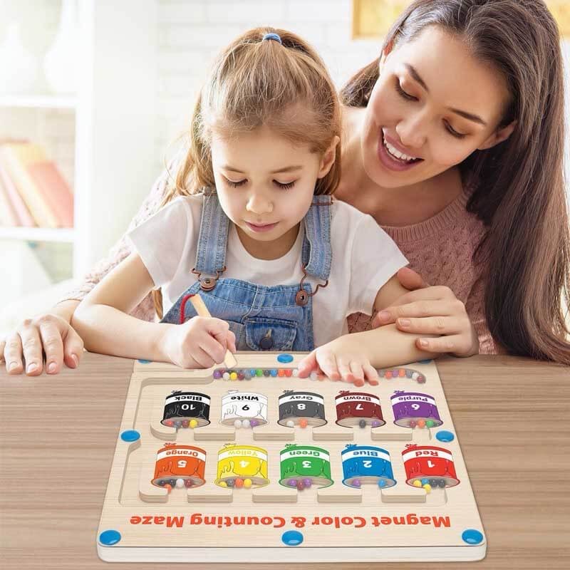 magnetic color and number maze - montessori wooden puzzle board toys for toddlers 3 4 5 year old, ma