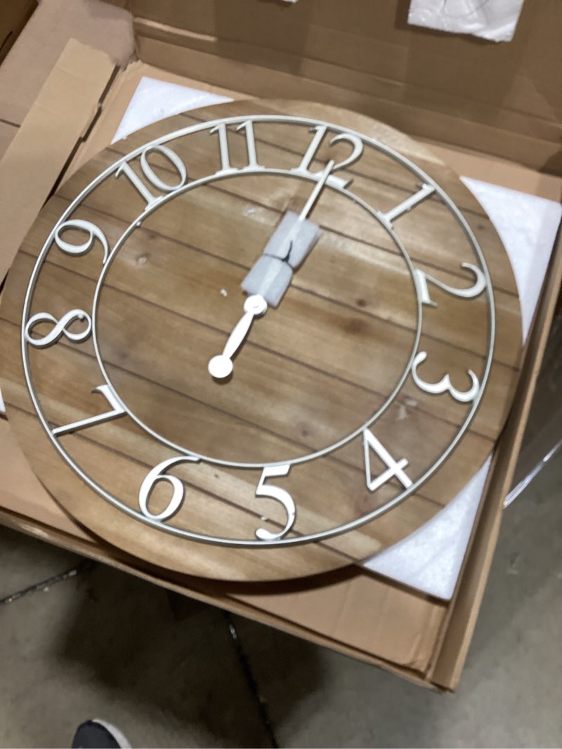 Condition photo showing Good Condition for Presentime & Co Vintage Farmhouse Shiplap Clock, 19.5 inch, Silver Arabic Numerals with Weathered Pine Wood Shiplap Style. Large Farmhouse Decor for Living Room, Entryway, Home Office, Wall Décor Silver With Weathered Pine Wood