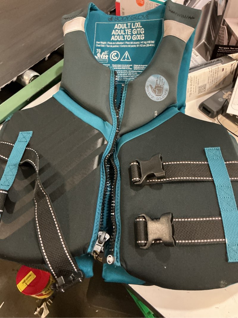 Condition photo showing As Is for body glove men's adult neoprene pfd life jacket and vest, dual size l/xl, blue