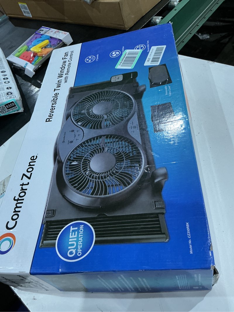 Condition photo showing Good Condition for comfort zone 9-inch reversible twin window fan with remote control – 3-speed dual blade fan with exhaust, cooling & circulate modes, expandable width 23.5" to 37", removable bug screen & tabletop feet black 3-speed w/remote
