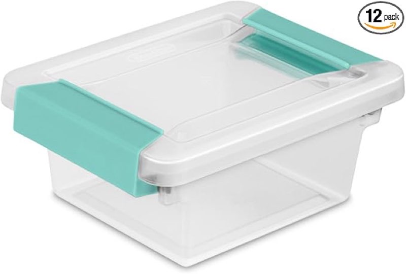 sterilite 12-pack clip box, stackable clear plastic bins with latching lids, mini - writing, arts or