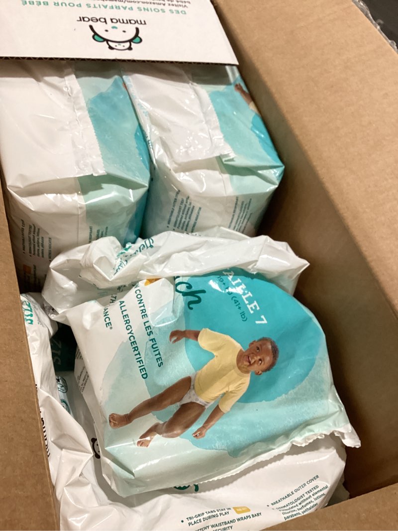 Condition photo showing As Is for amazon brand - mama bear gentle touch baby diapers, size 7, 80 count (4 packs of 20), skin safe, 12 hours protection, wetness indicator, stretchy waistband size 7 (80 count)