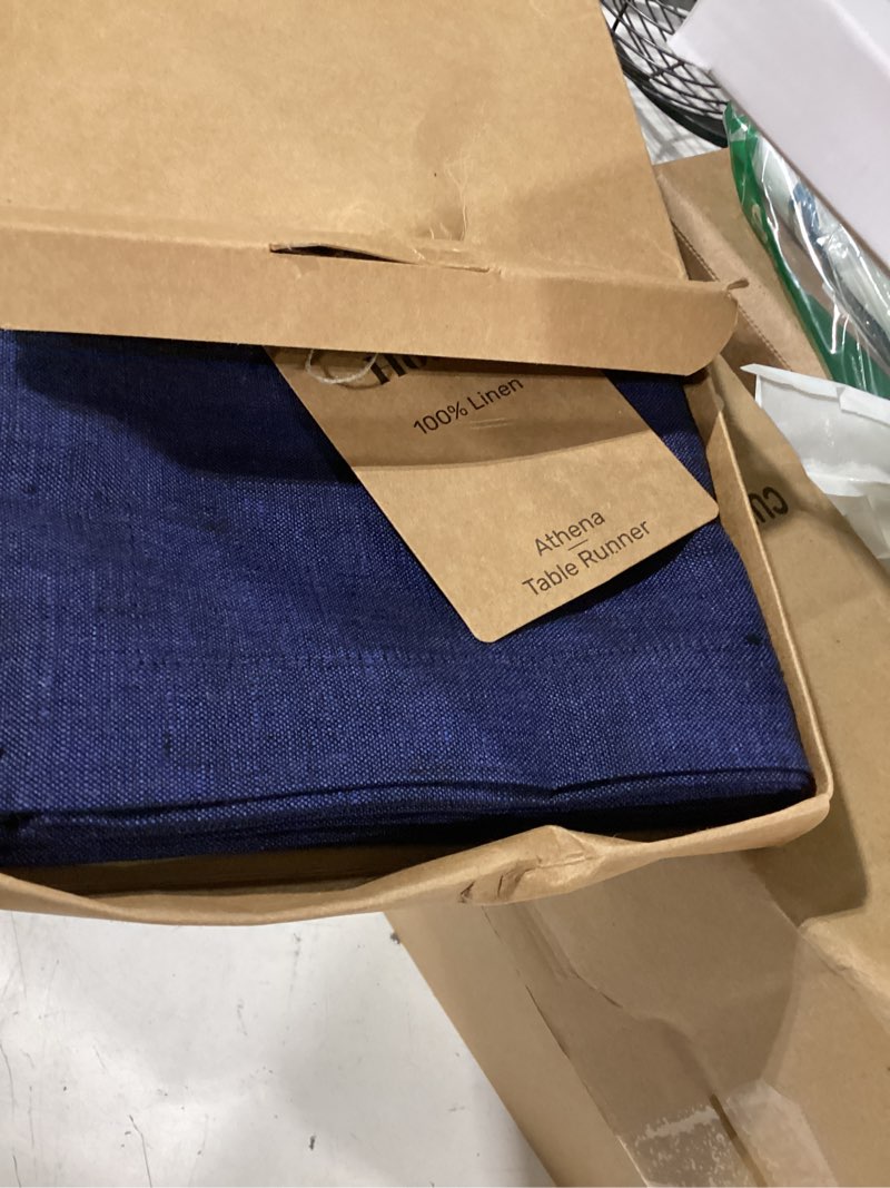 Condition photo showing New/Like New for solino home linen chambray navy table runner 120 inches long - athena, 100% pure linen dining table runner 14 x 120 inch for summer 08: navy chambray 14 x 120 inch