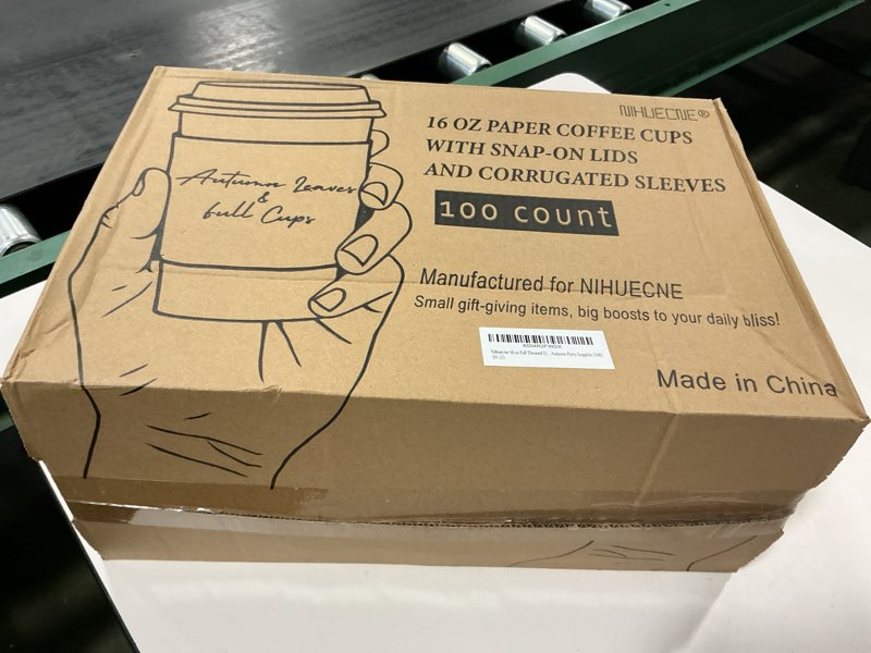 Condition photo showing New/Like New for 100 Pack 16 oz Fall Themed Disposable Coffee Cups with Snap-on Lids and Sleeves - for Hot or Cold Drinks, Pumpkin Spice Latte, Halloween, Thanksgiving, Autumn Party Supplies