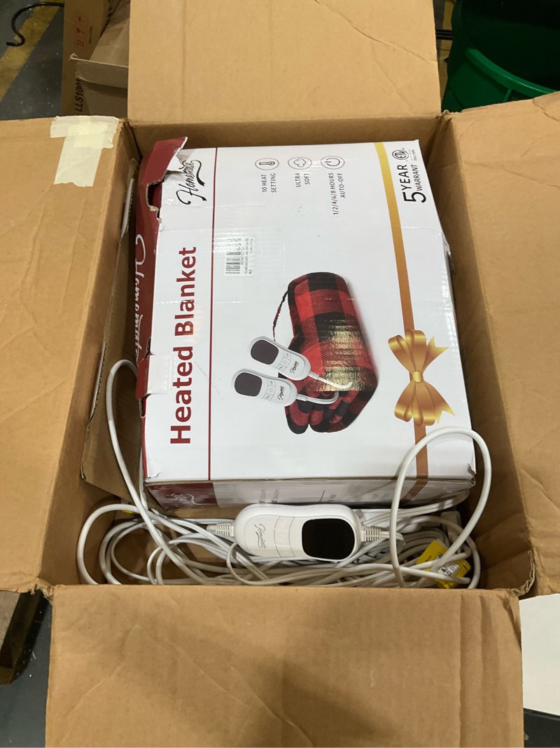 Condition photo showing As Is for homemate electric blanket heated queen size - 84“x90“ ultra soft cozy flannel heating blanket with 10 fast heat levels 8 hours auto off over-heated protection etl certification keep warm in home red-black 84"x90"inch