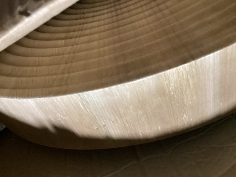 Condition photo showing As Is for possibly used 2-piece modern farmhouse living room coffee table set, nesting table round natural finish with handcrafted wood ring motif, wood colour