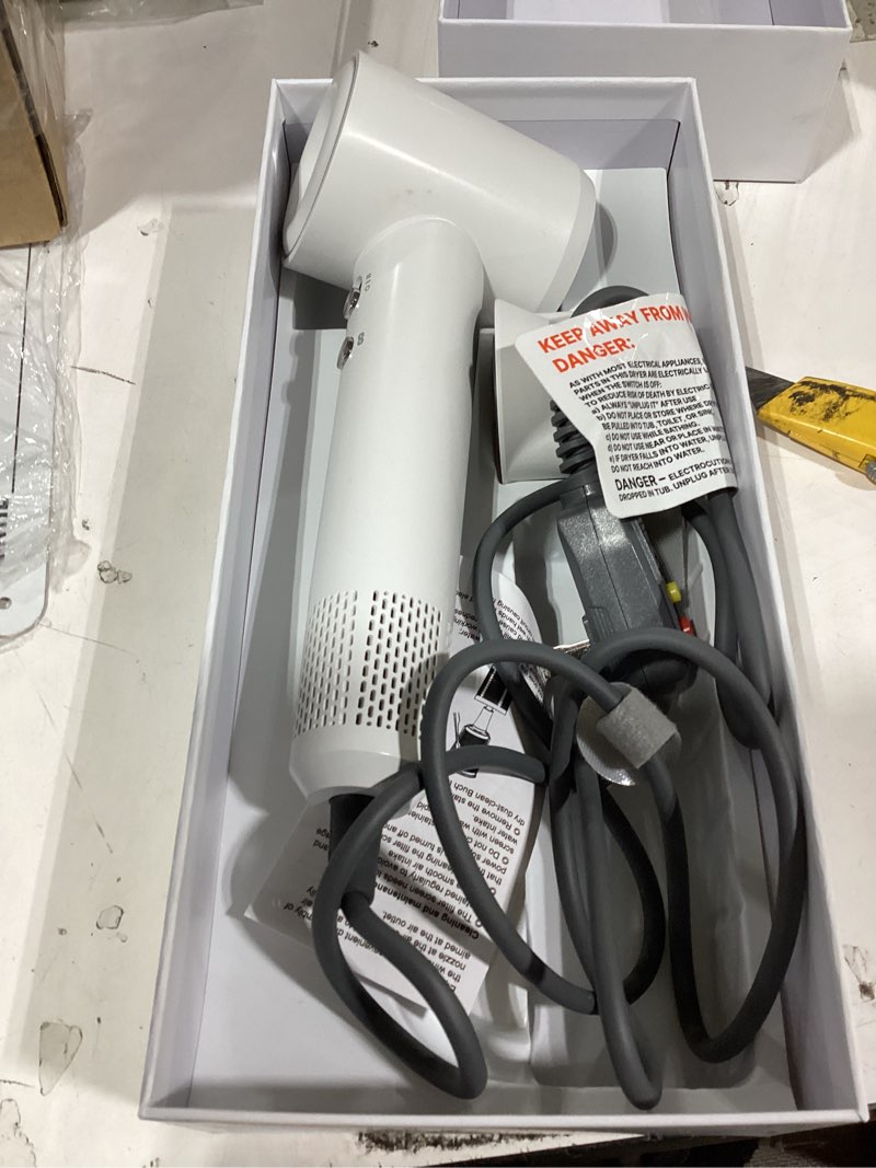 Condition photo showing As Is for high speed hair dryer,150000 rpm brushless motor professional blow dryer for fast drying,500m negative ions ionic with magnetic blow air nozzle,control quiet noise, lightweight for travel white