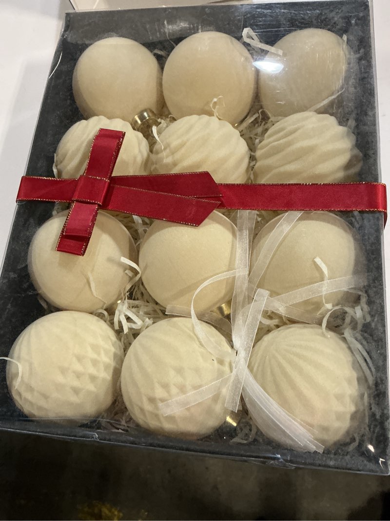 Condition photo showing New/Like New for wdf 12pcs beige cream velvet christmas tree ornaments - 4 styles white christmas ornaments - 80mm 3.15inch shatterproof christmas balls for xmas trees decorations 3.15inch cream 12