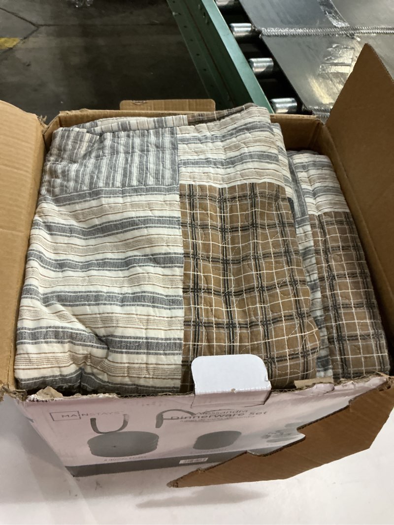 Condition photo showing Good Condition for Finlonte King Quilt Bedding Set - 100% Cotton King Size Comforter, Plaid Quilted Bedspread Farmhouse Country Bed Spread, Lightweight Reversible King Quilt Sets All-Season, Gray/Brown/Black/White, 3Pcs Gray/Brown/Black/White King (98"x106")