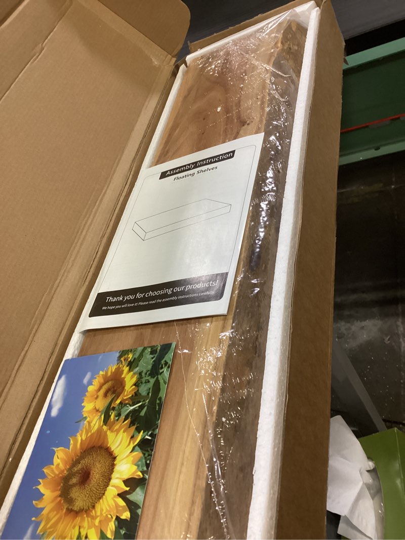 Condition photo showing Good Condition for 24 Inch Live Edge Floating Shelves for Wall 2 Pack Shelves for Bedroom, Bathroom, Kitchen, Wall Mounted Rustic Solid Elm Wood Floating Shelf with Invisible Bracket for Books, Decor, Storage, Natural Natural Live Edge, 24"W, 2Pack