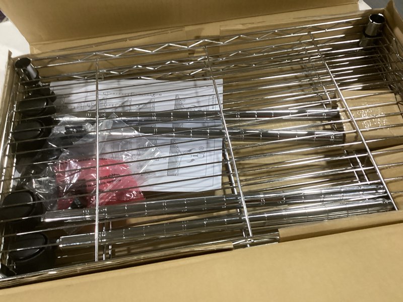 Condition photo showing Good Condition for Simple Deluxe 3-Tier Storage Shelves, 750 Lbs Loading Capacity, 24.02" W x 13.78" D x 21.97" H Shelving Unit for Garage, Pantry and Kitchen, Chrome 3-Tier, 24.02"W x 13.78"D x 21.97"H