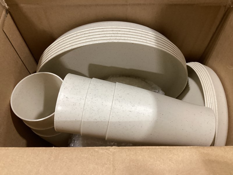 Condition photo showing Good Condition for wheat straw dinnerware set, beige wheat straw plates, reusable unbreakable plates for camping, picnics & family dinners 24pcs beige wheat straw plates and bowls cups